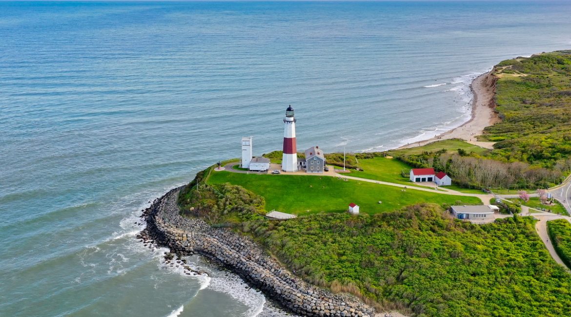 Aerial view of the Montauk Lighthouse and beach in Long Island, New York, USA.