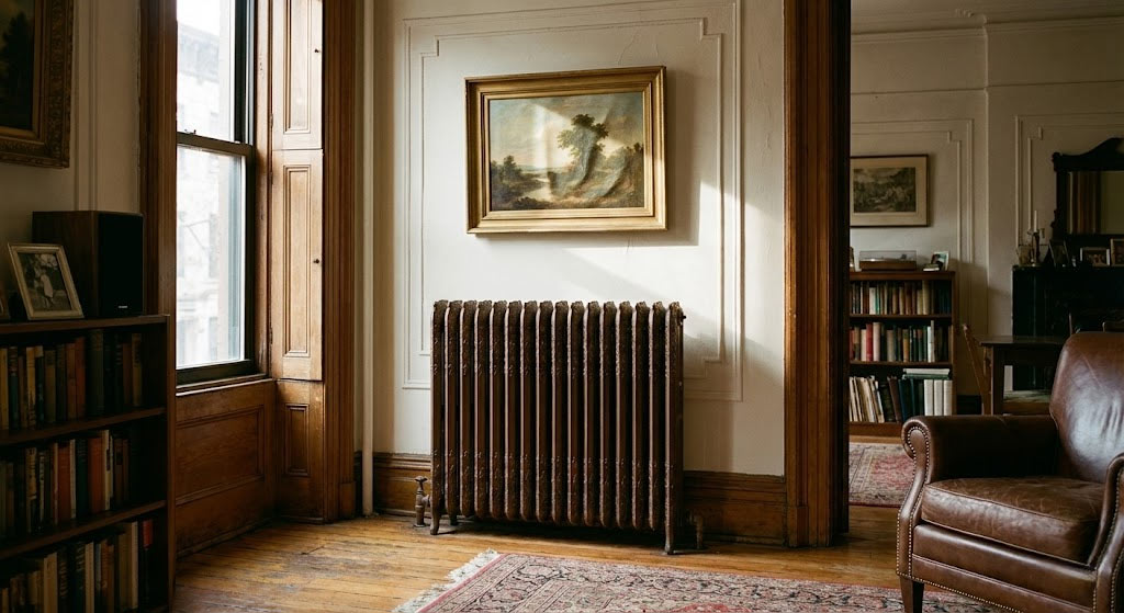 The warped painting hanging above the old steam radiator